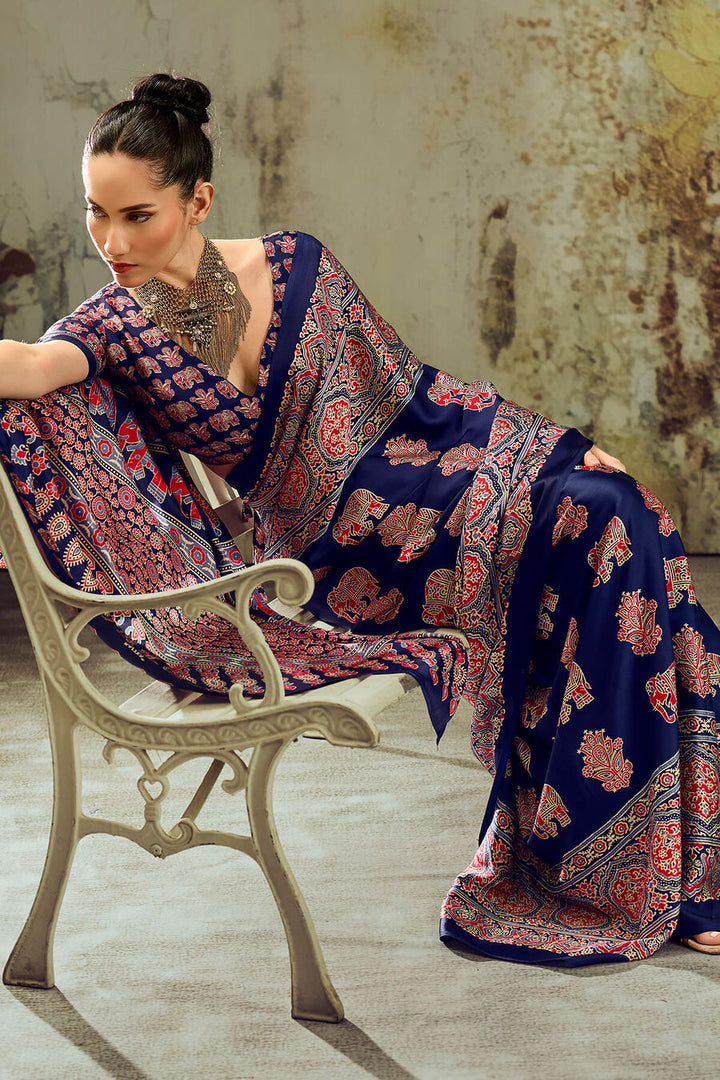 Haiti Blue Ajrakh Printed Satin Silk Saree