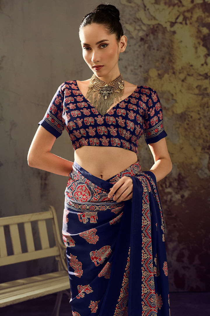 Haiti Blue Ajrakh Printed Satin Silk Saree