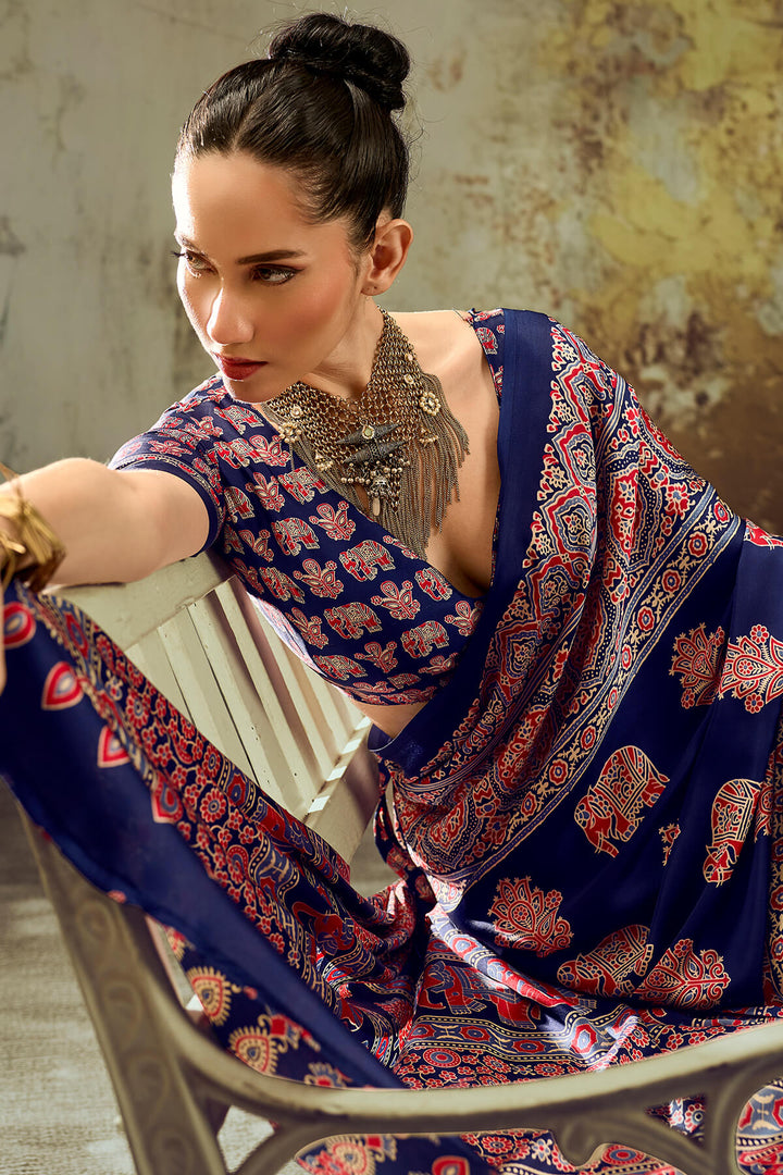 Haiti Blue Ajrakh Printed Satin Silk Saree