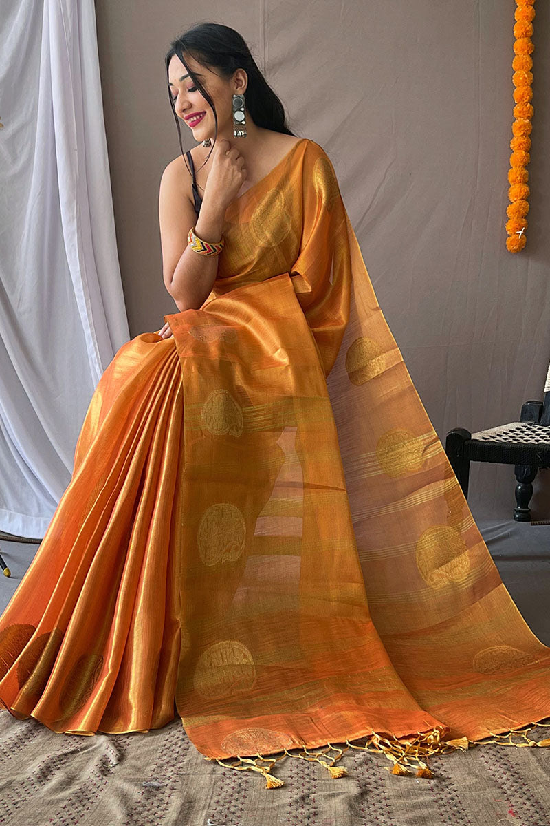 Halloween Orange Woven Tissue silk Saree