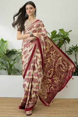 Hampton Beige Ajrakh Printed Satin Silk Saree