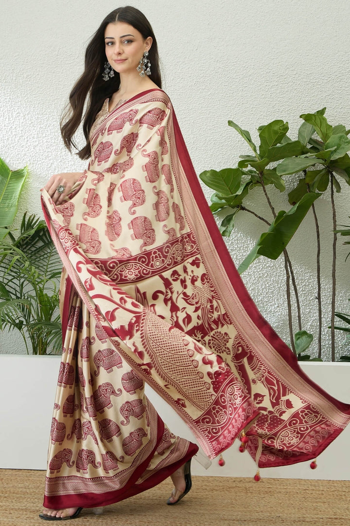 Hampton Beige Ajrakh Printed Satin Silk Saree
