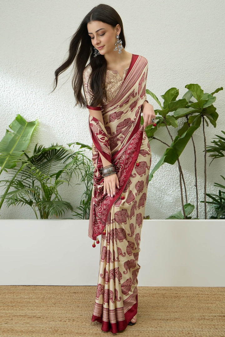 Hampton Beige Ajrakh Printed Satin Silk Saree