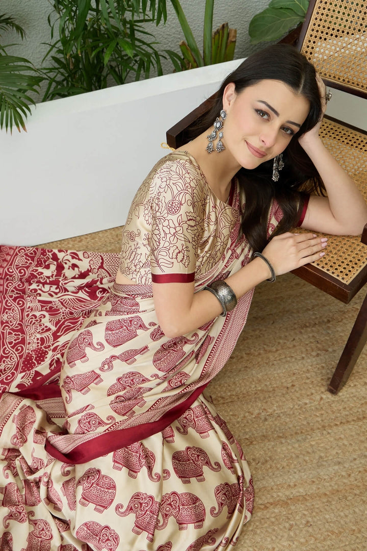 Hampton Beige Ajrakh Printed Satin Silk Saree