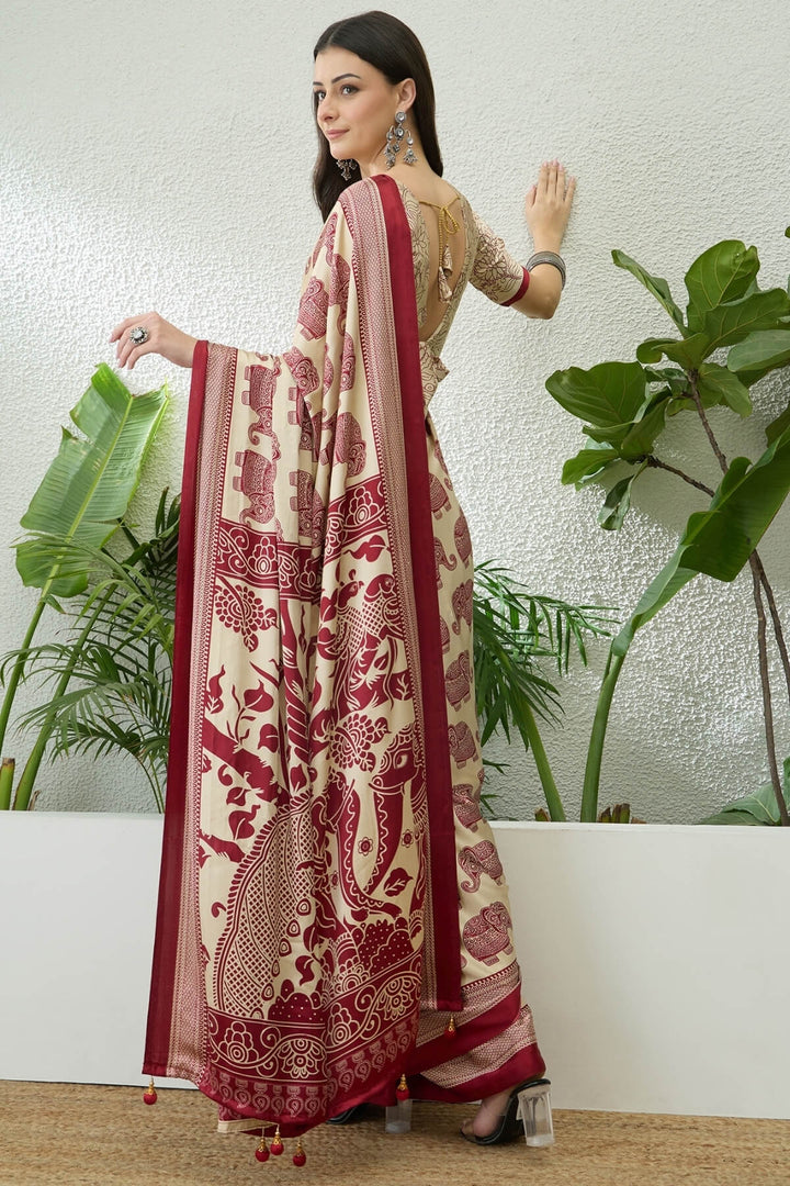 Hampton Beige Ajrakh Printed Satin Silk Saree