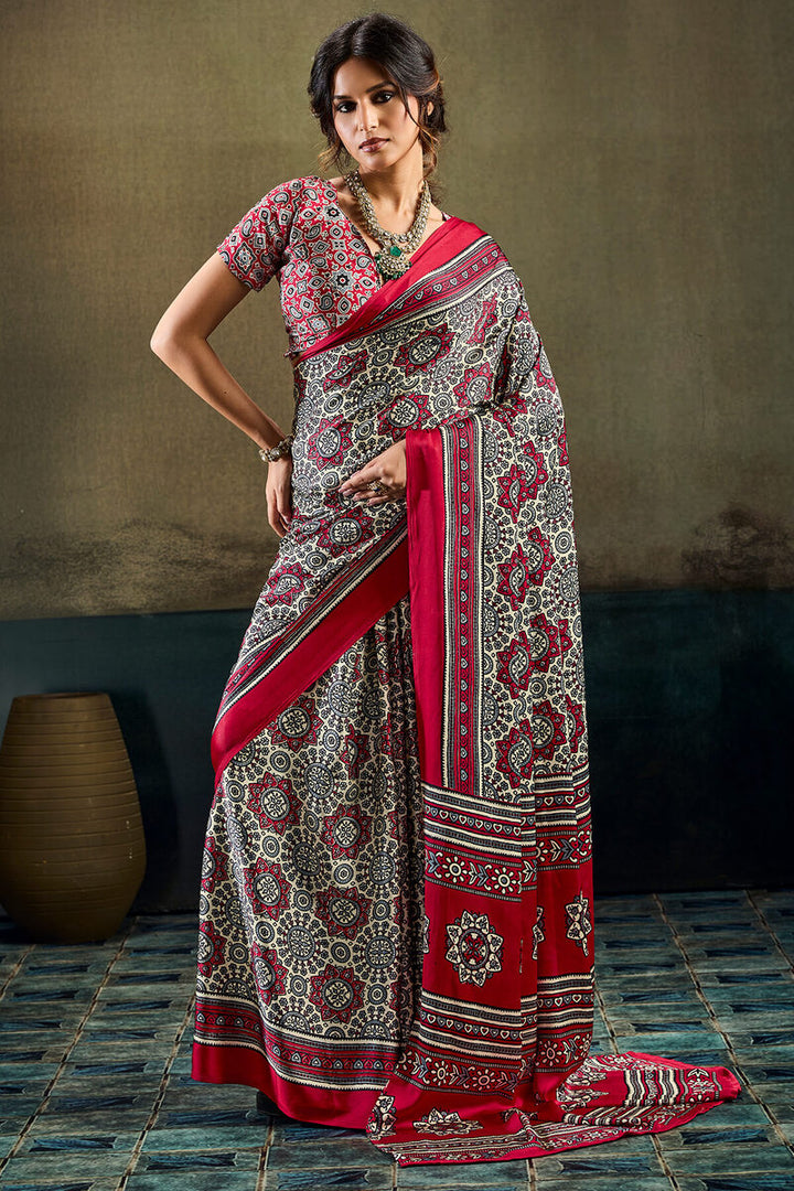 Hampton Beige and Red Ajrakh Printed Semi Modal Satin Silk Saree