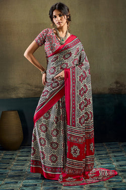 Hampton Beige and Red Ajrakh Printed Semi Modal Satin Silk Saree