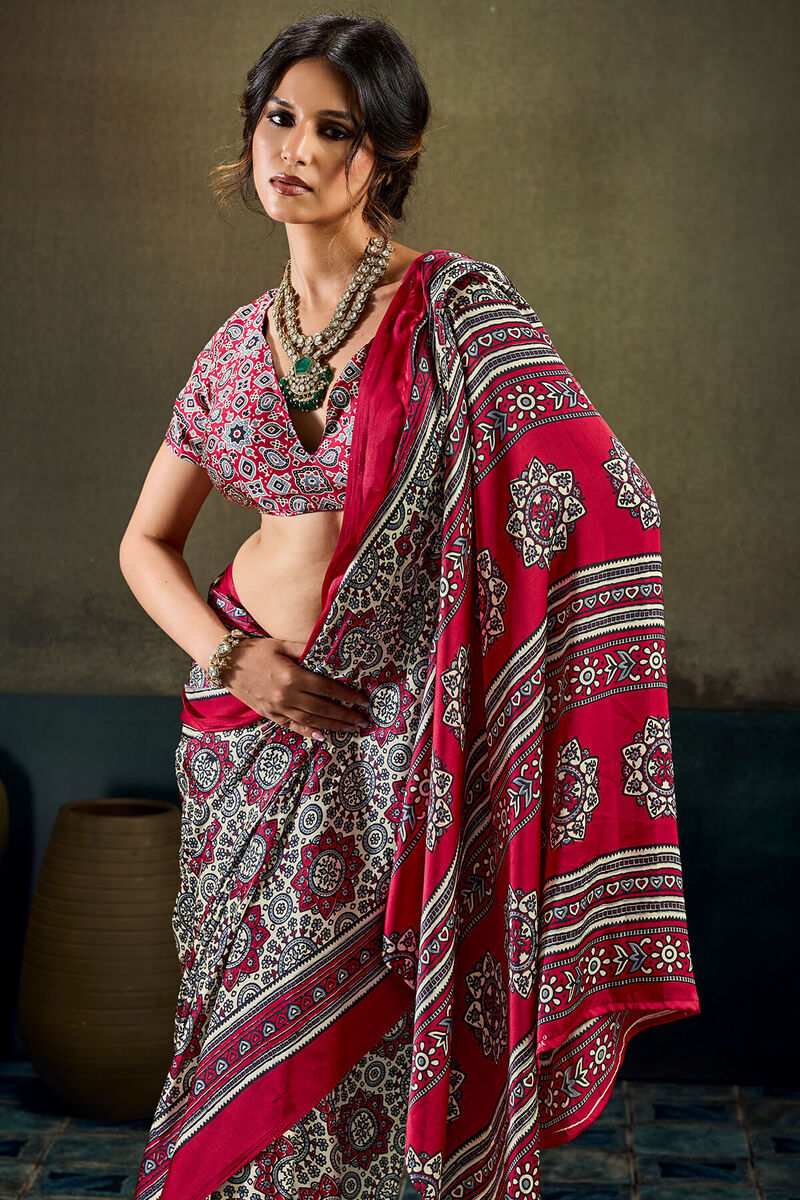 Hampton Beige and Red Ajrakh Printed Semi Modal Satin Silk Saree