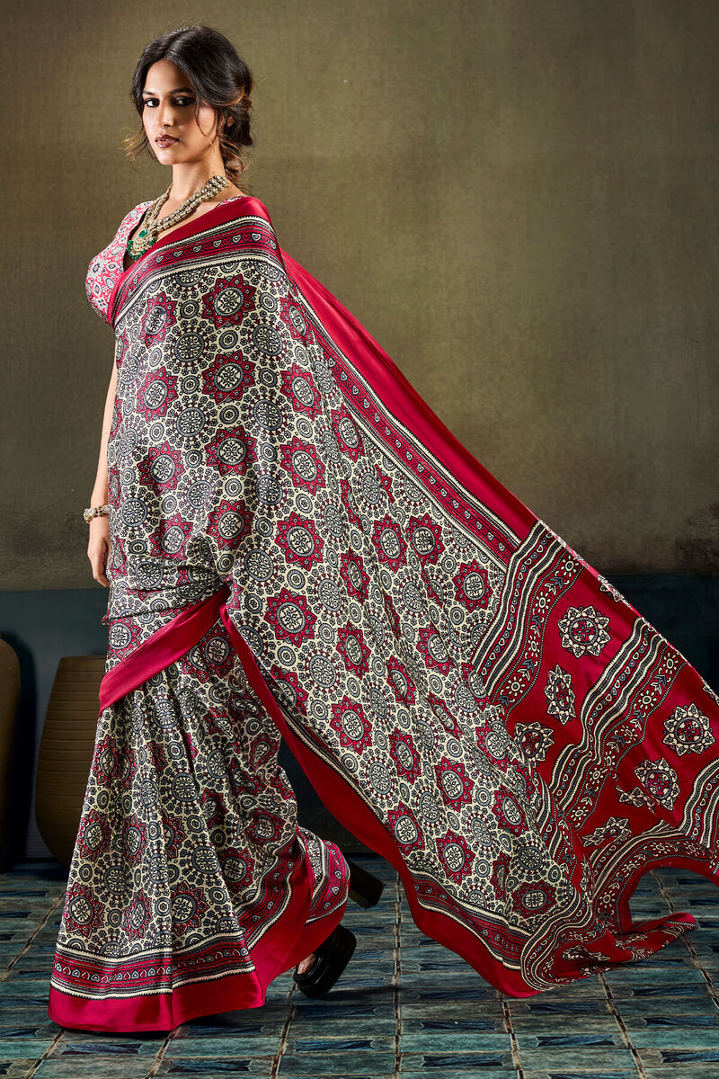 Hampton Beige and Red Ajrakh Printed Semi Modal Satin Silk Saree