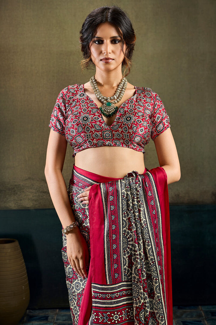 Hampton Beige and Red Ajrakh Printed Semi Modal Satin Silk Saree