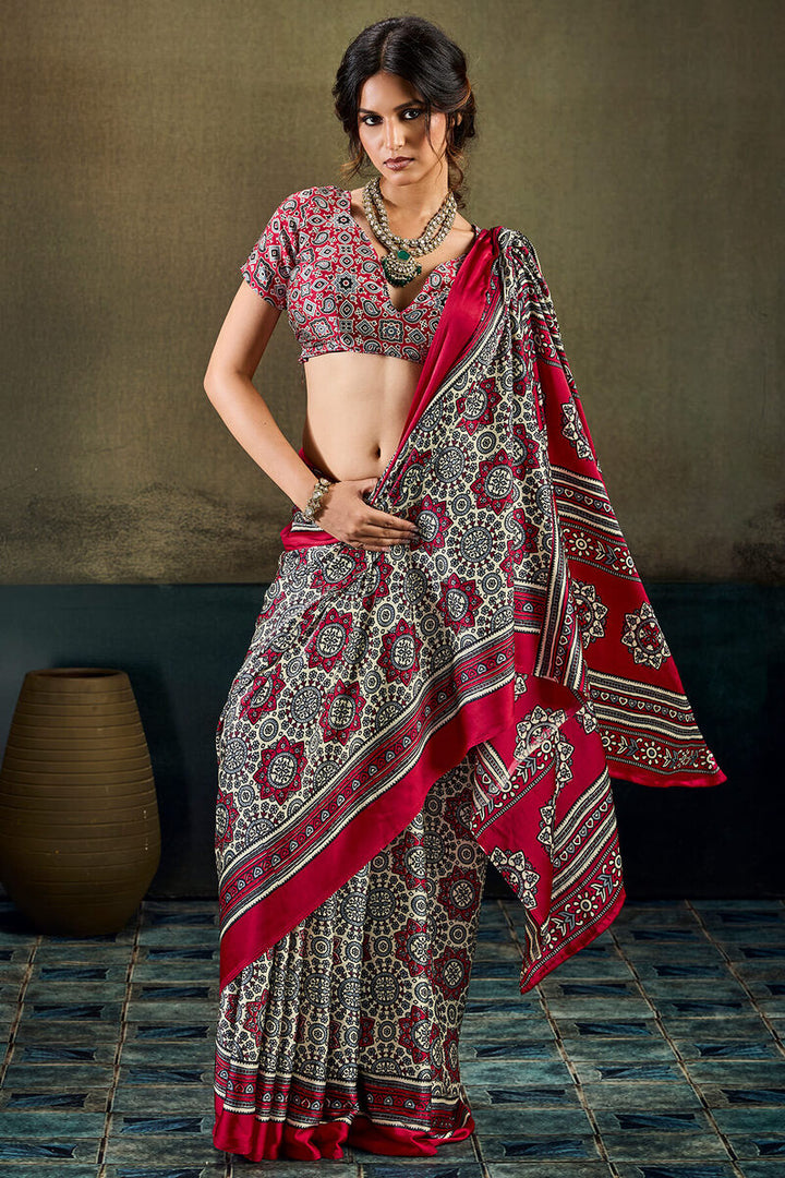 Hampton Beige and Red Ajrakh Printed Semi Modal Satin Silk Saree
