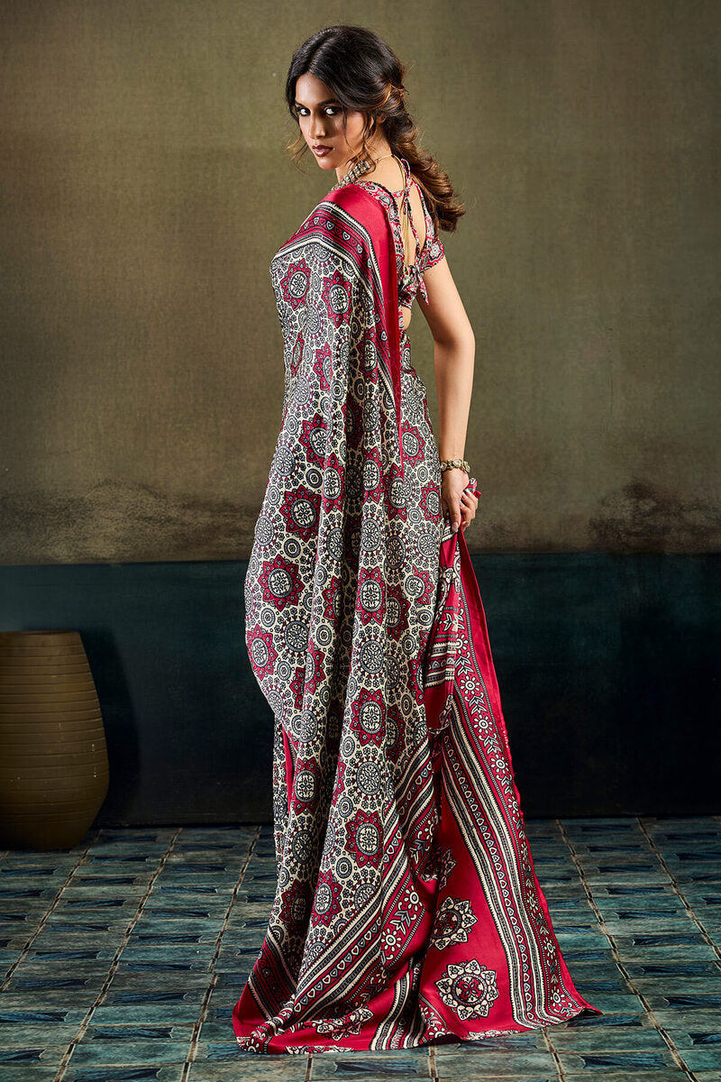 Hampton Beige and Red Ajrakh Printed Semi Modal Satin Silk Saree