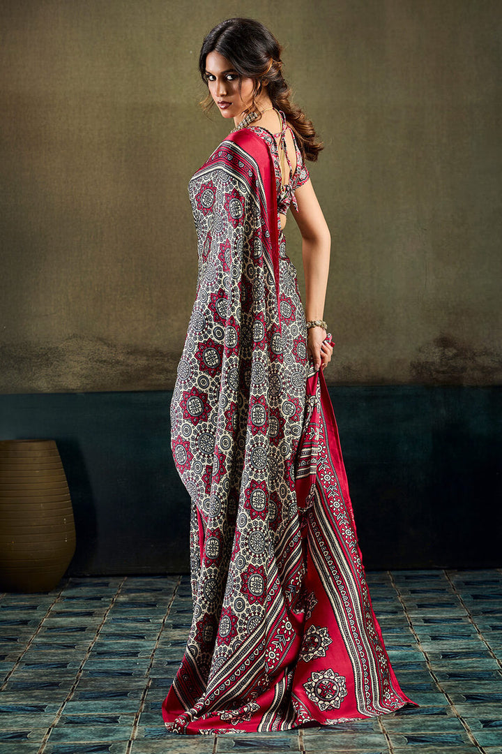 Hampton Beige and Red Ajrakh Printed Semi Modal Satin Silk Saree