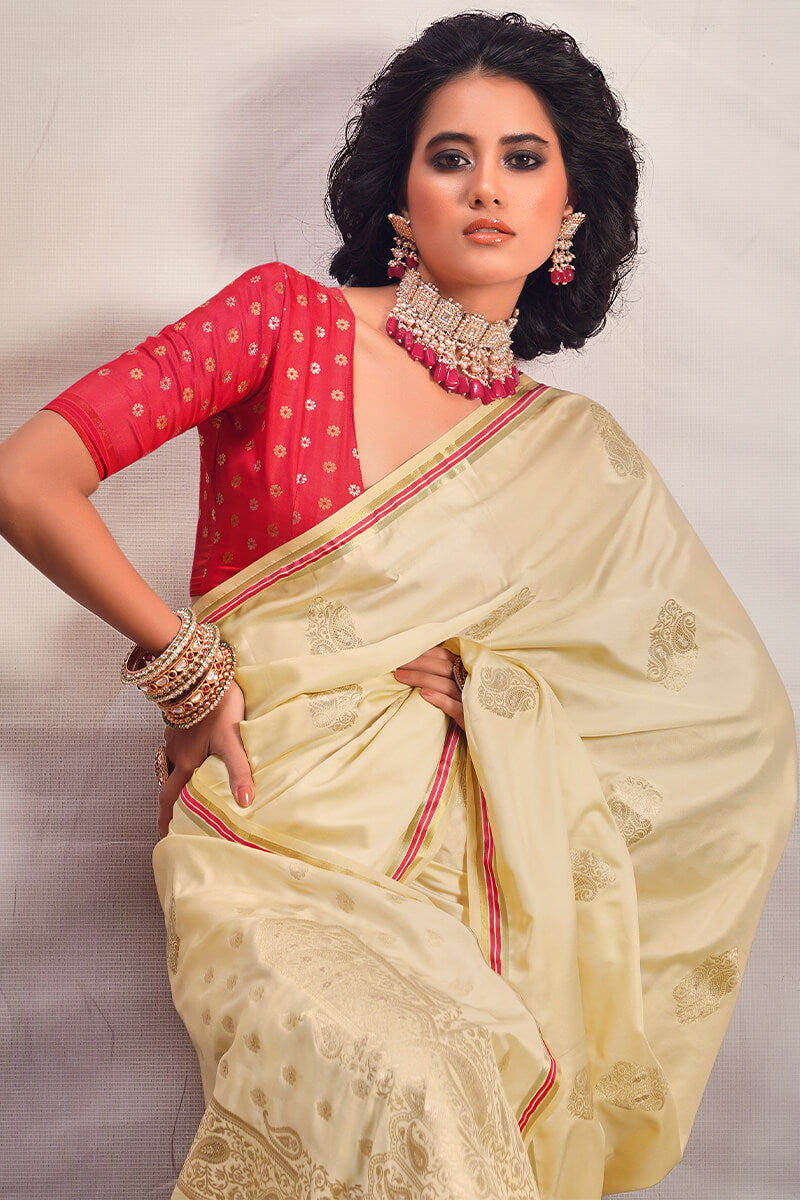 Hampton Beige Banarasi Satin Silk Saree