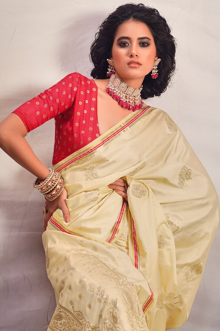 Hampton Beige Banarasi Satin Silk Saree