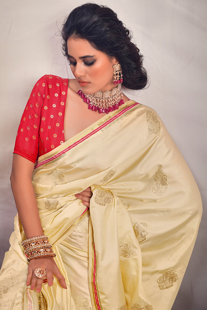 Hampton Beige Banarasi Satin Silk Saree