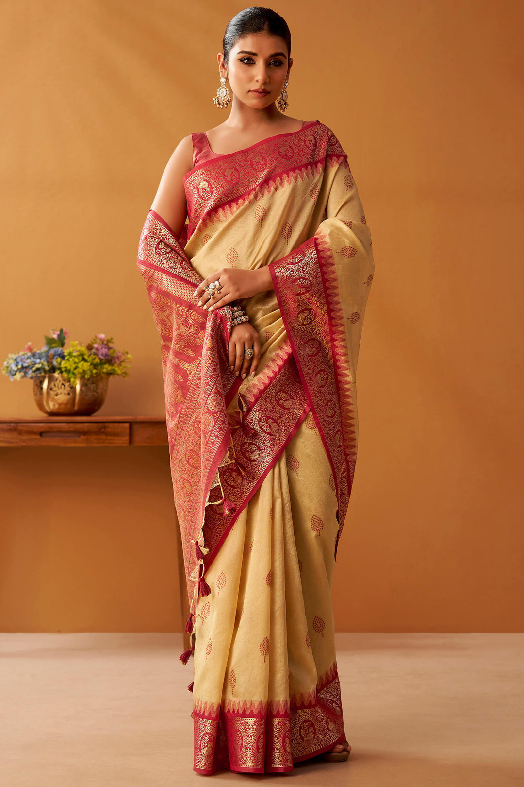 Hampton Beige Cotton Modal Silk Saree with Pochampally Border and Pallu