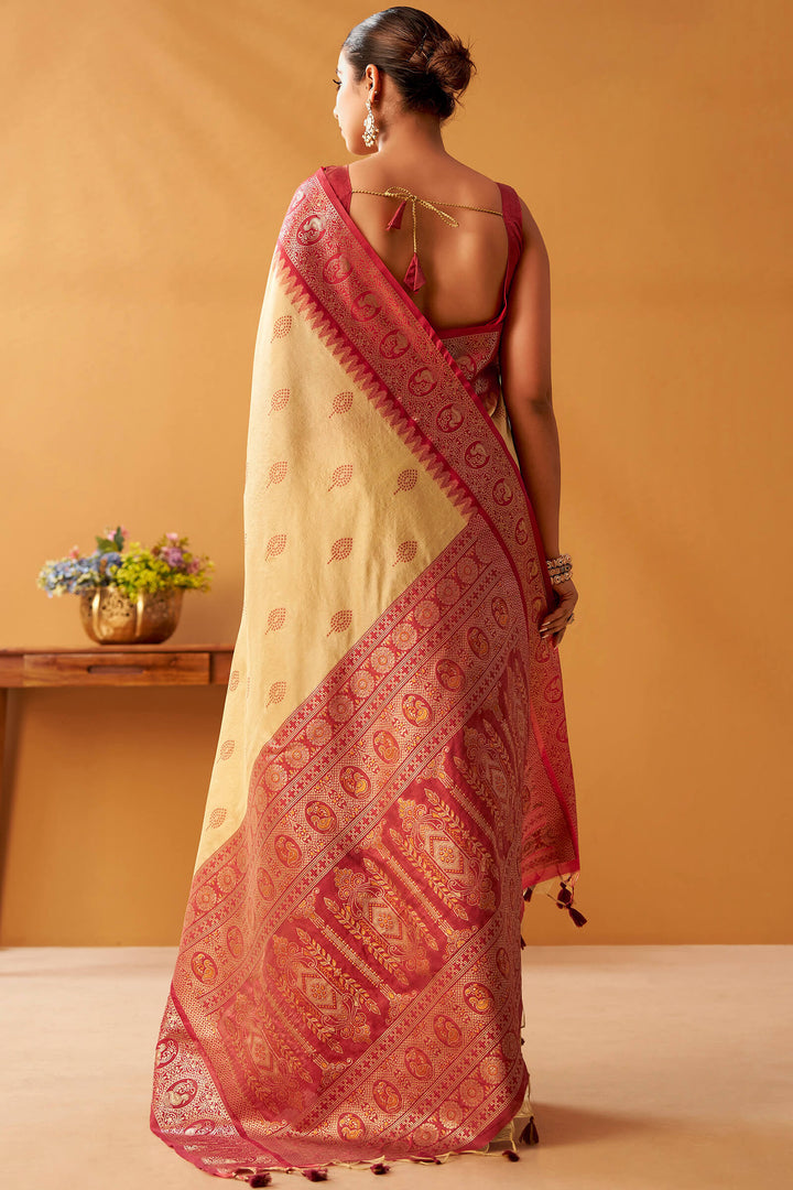 Hampton Beige Cotton Modal Silk Saree with Pochampally Border and Pallu