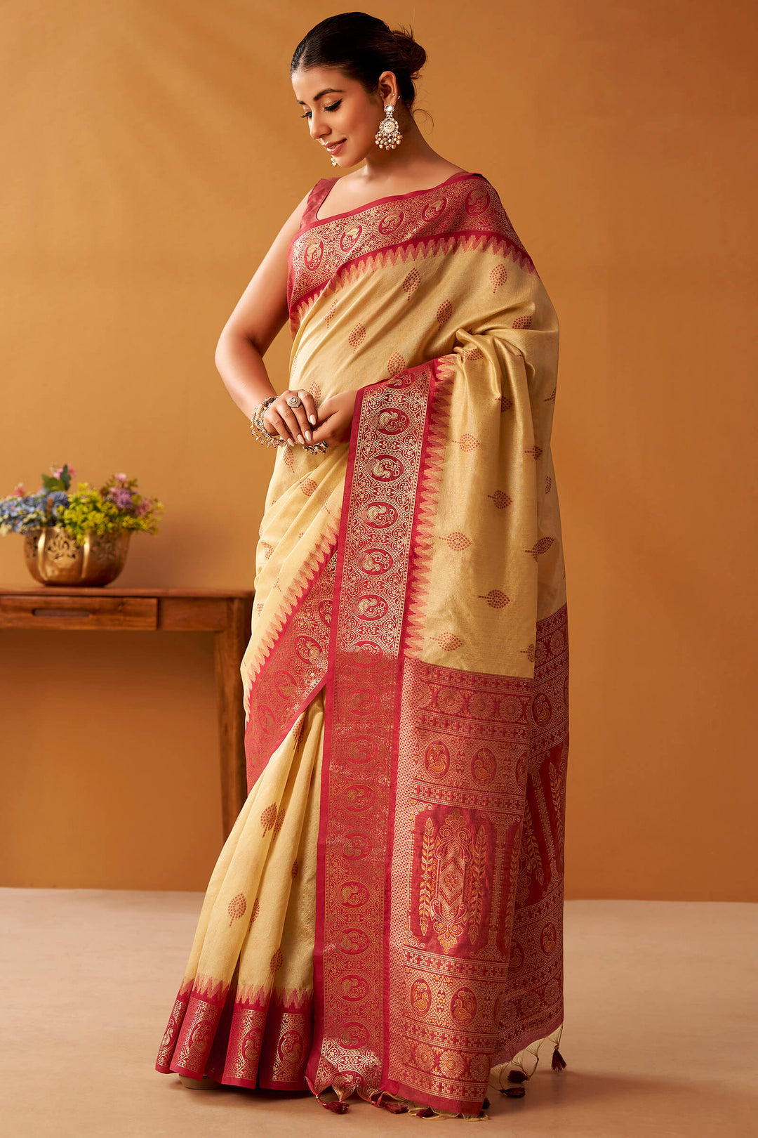 Hampton Beige Cotton Modal Silk Saree with Pochampally Border and Pallu