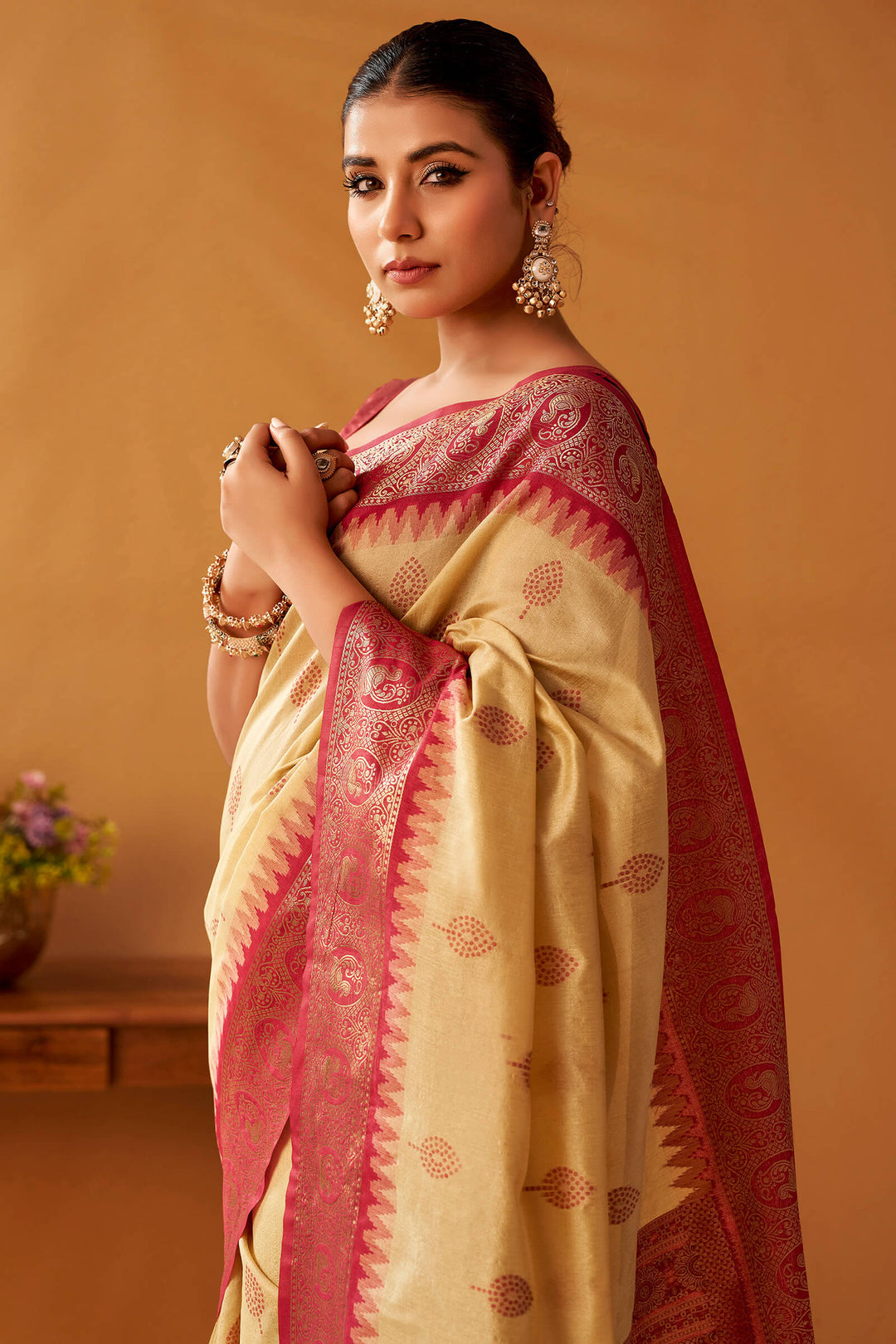 Hampton Beige Cotton Modal Silk Saree with Pochampally Border and Pallu
