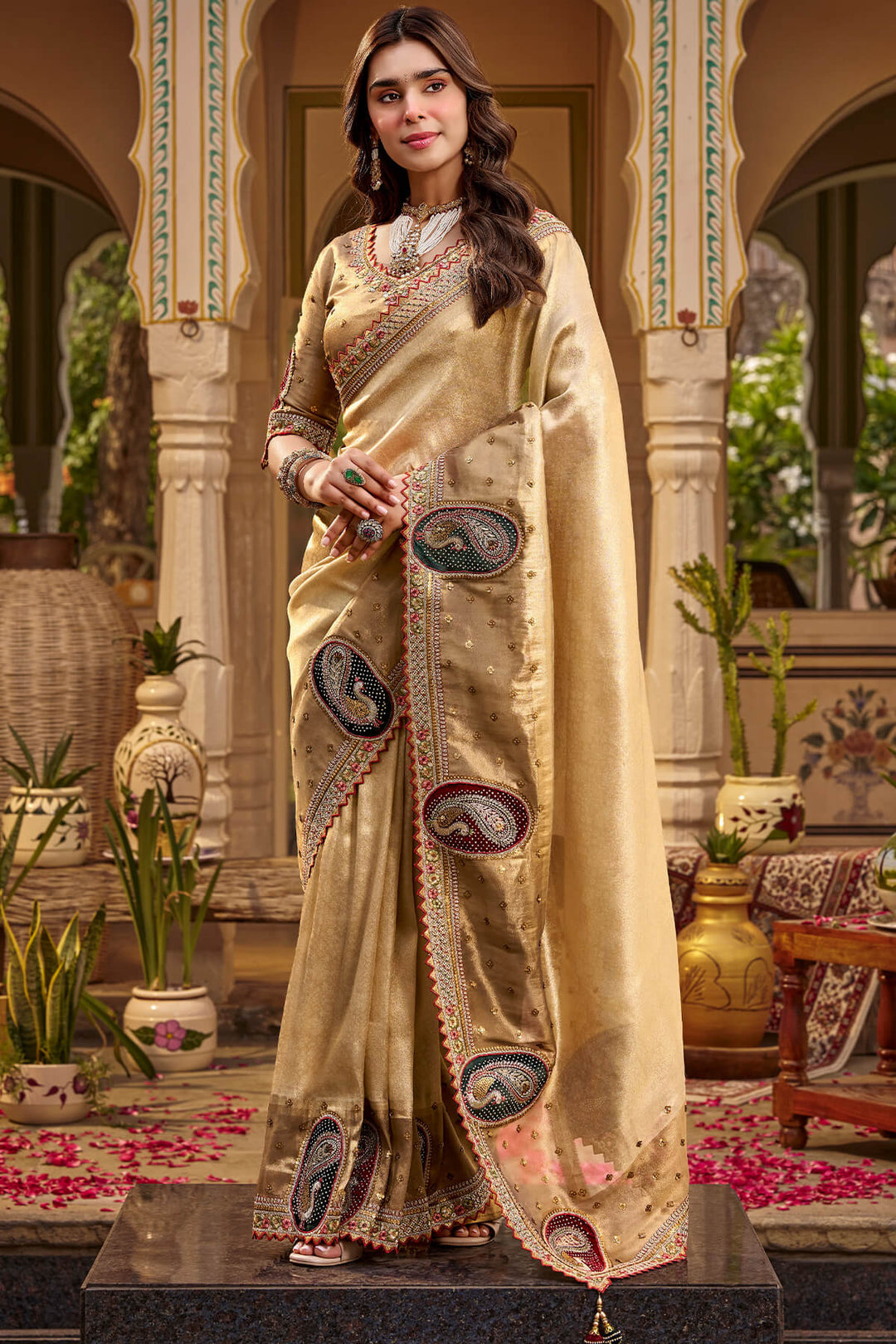 Hampton Beige Hand Work Viscose Saree with Stiched Blouse