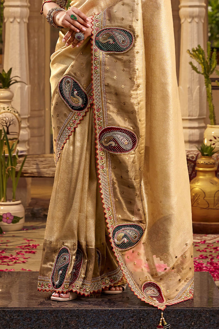 Hampton Beige Hand Work Viscose Saree with Stiched Blouse