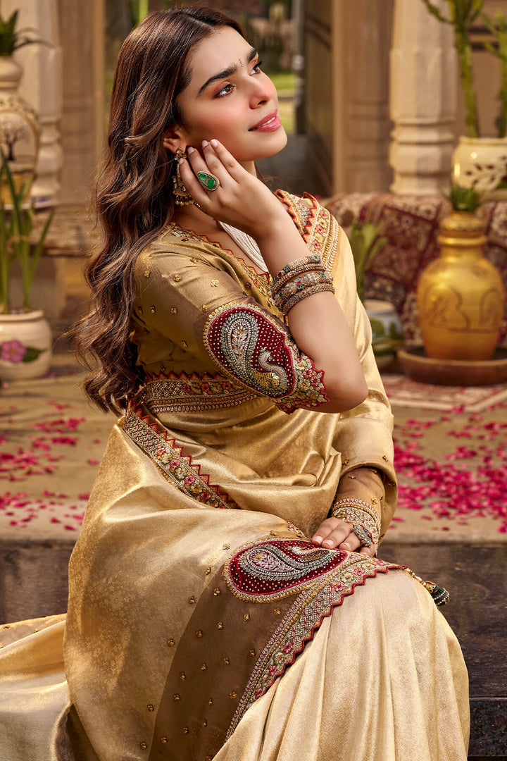 Hampton Beige Hand Work Viscose Saree with Stiched Blouse