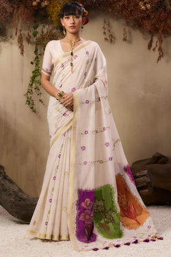 Hampton Beige Handloom Munga cotton Silk Saree