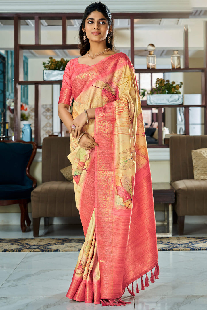 Hampton Beige Handloom Woven Digital Printed Soft Silk Saree