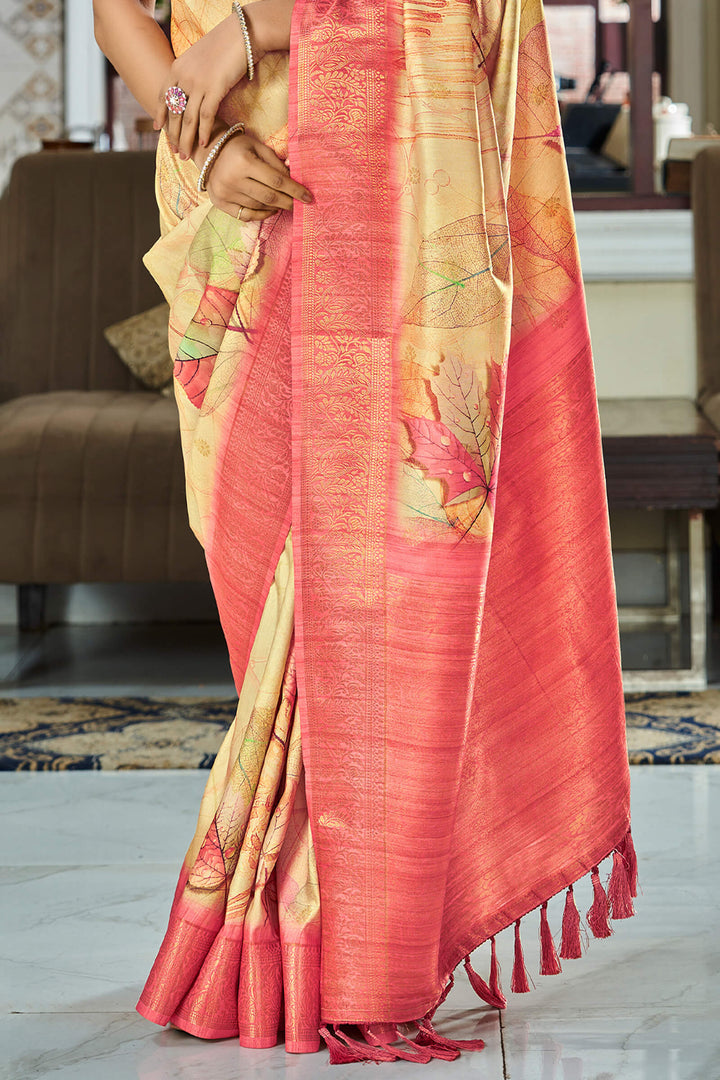 Hampton Beige Handloom Woven Digital Printed Soft Silk Saree