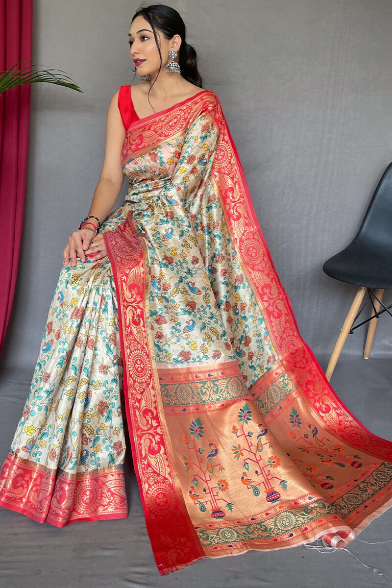 Hampton Beige Kalamkari Printed Silk Saree