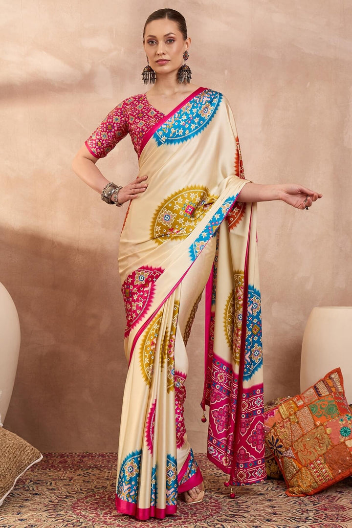 Hampton Beige Printed Satin Silk Saree