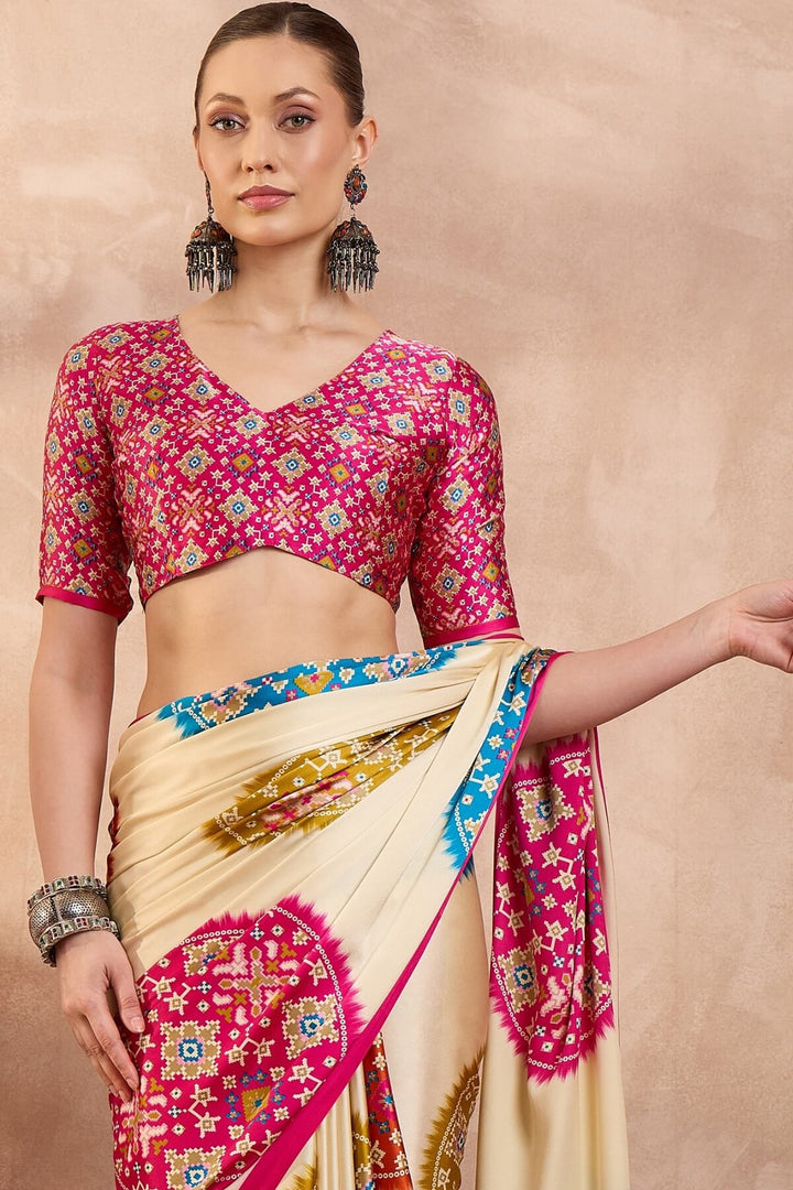 Hampton Beige Printed Satin Silk Saree