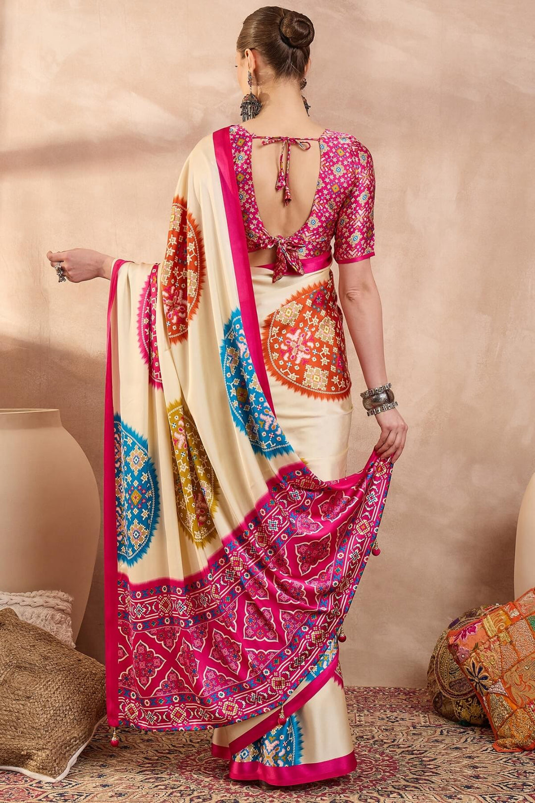 Hampton Beige Printed Satin Silk Saree