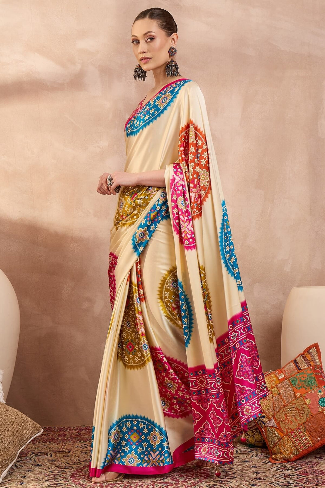 Hampton Beige Printed Satin Silk Saree