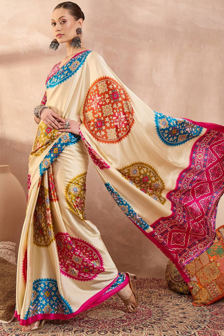 Hampton Beige Printed Satin Silk Saree