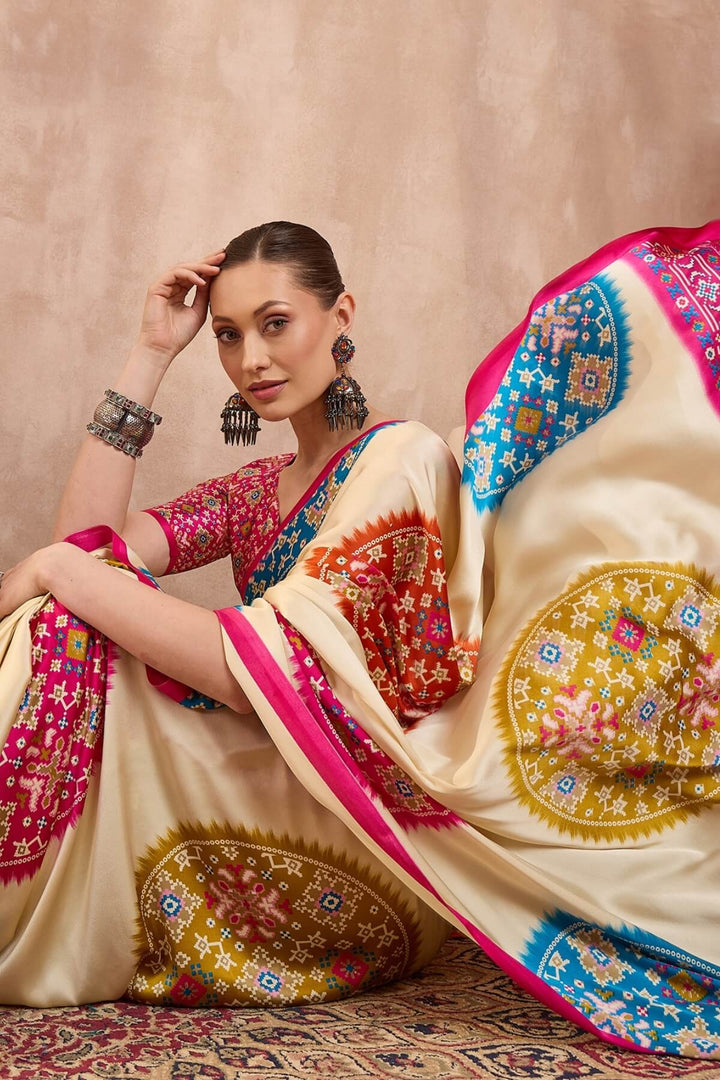 Hampton Beige Printed Satin Silk Saree