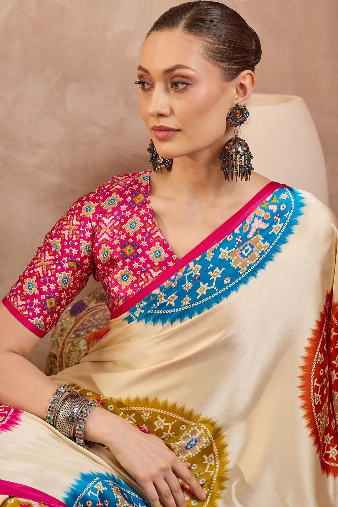 Hampton Beige Printed Satin Silk Saree