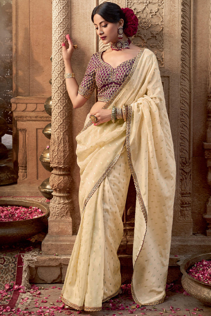 Hampton Beige Pure Viscose Crepe Silk Saree with Embroidery Blouse Piece