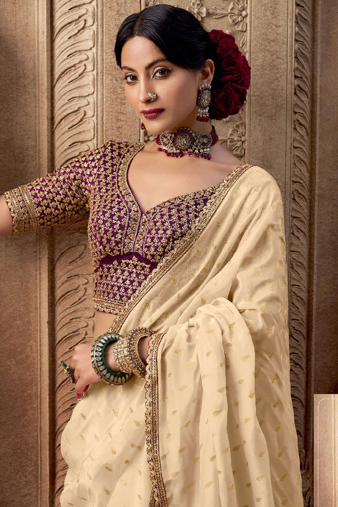 Hampton Beige Pure Viscose Crepe Silk Saree with Embroidery Blouse Piece