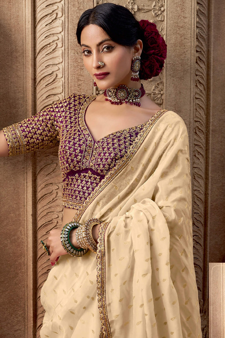 Hampton Beige Pure Viscose Crepe Silk Saree with Embroidery Blouse Piece