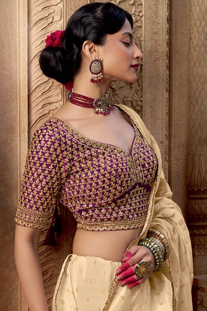 Hampton Beige Pure Viscose Crepe Silk Saree with Embroidery Blouse Piece