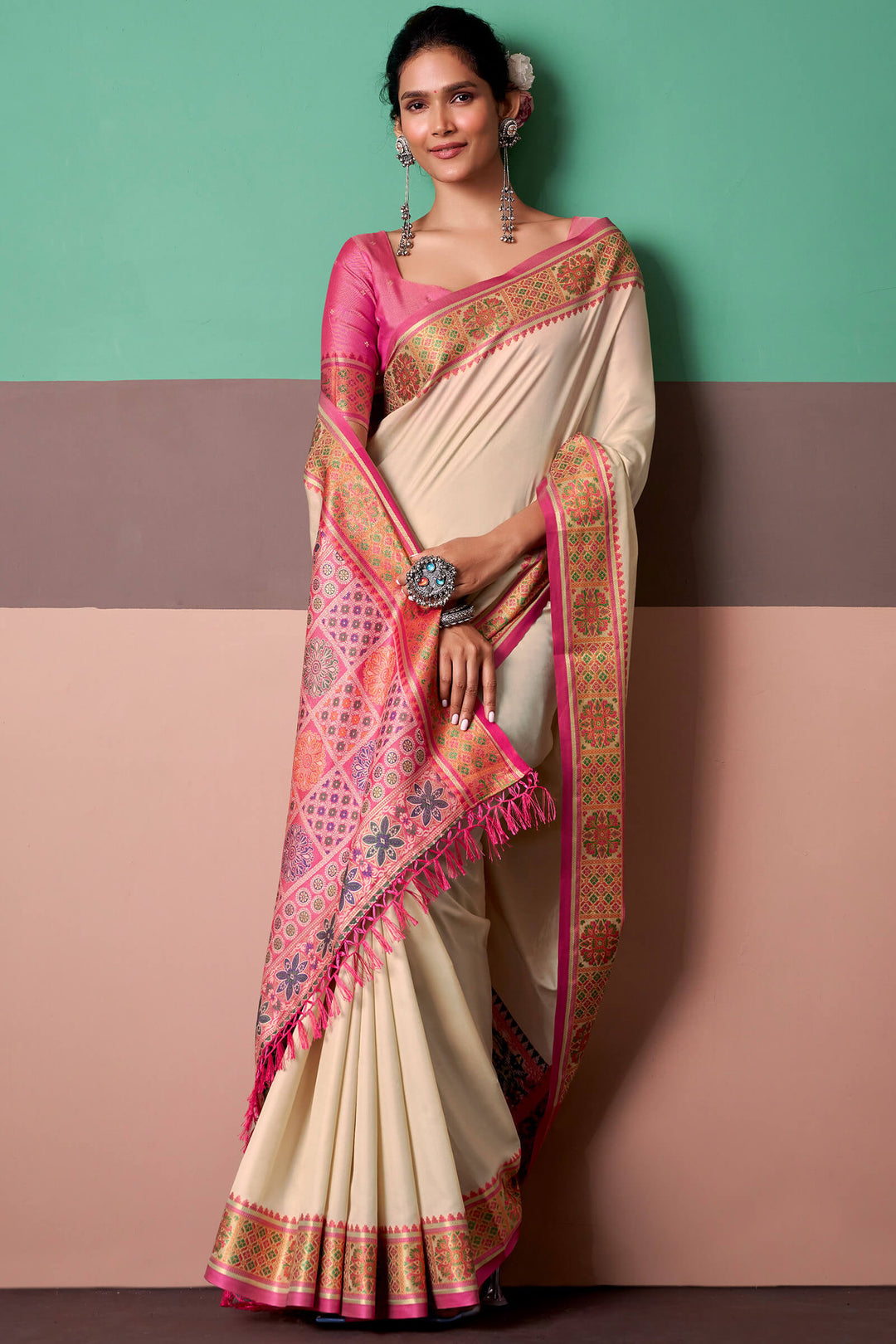 Hampton Beige Soft Patola Silk Saree