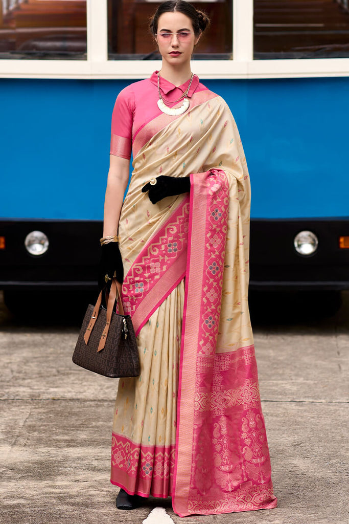 Hampton Beige Soft Silk Saree with Ikkat Border