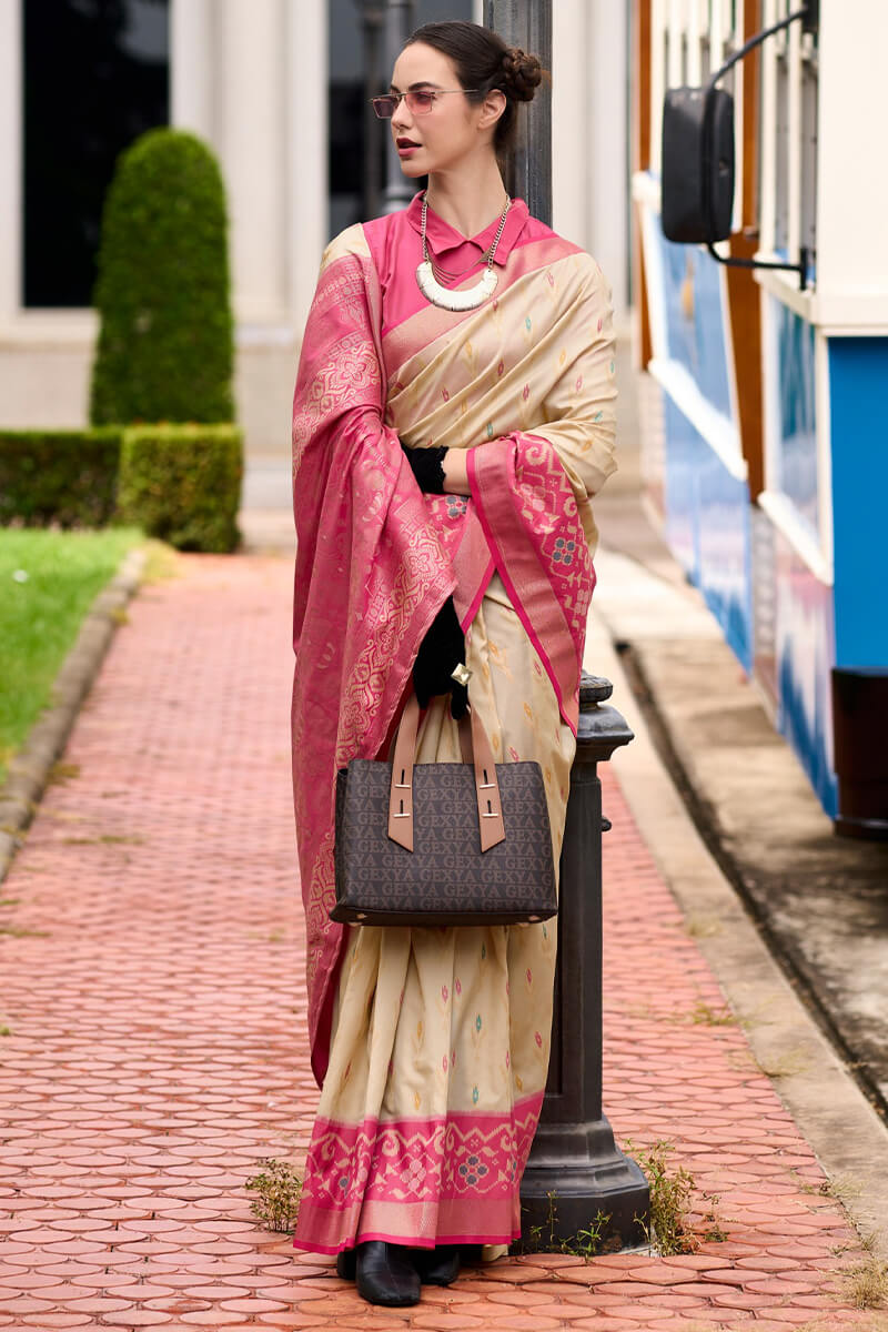 Hampton Beige Soft Silk Saree with Ikkat Border