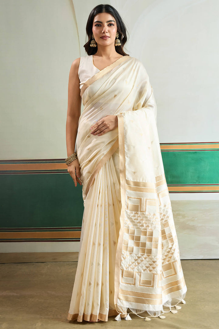 Hampton Beige Woven Tussar Silk Saree
