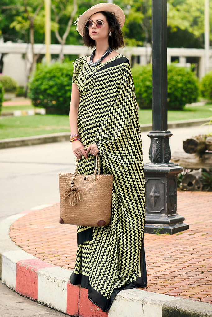 Hampton Yellow Printed Satin Crape Silk Saree