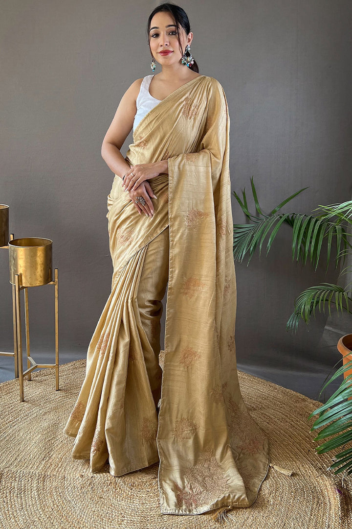 Harvest Beige Embroidered Work Soft Silk Saree