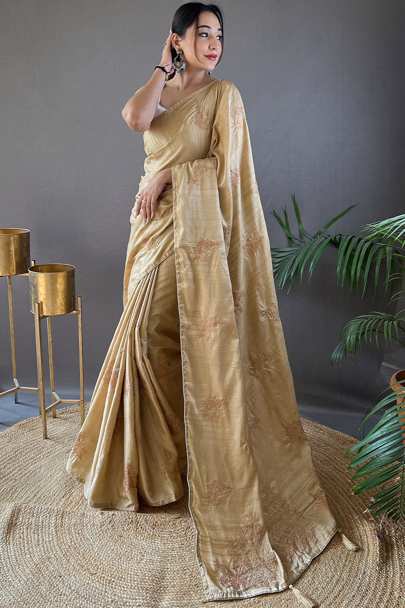 Harvest Beige Embroidered Work Soft Silk Saree