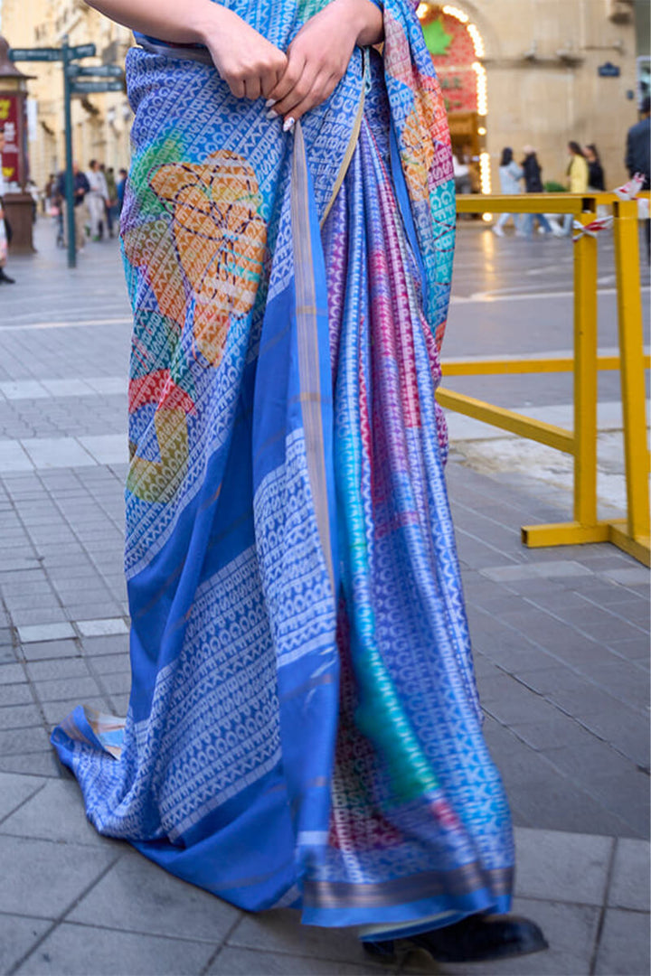Havelock Blue Printed Handloom Weaving Silk Saree